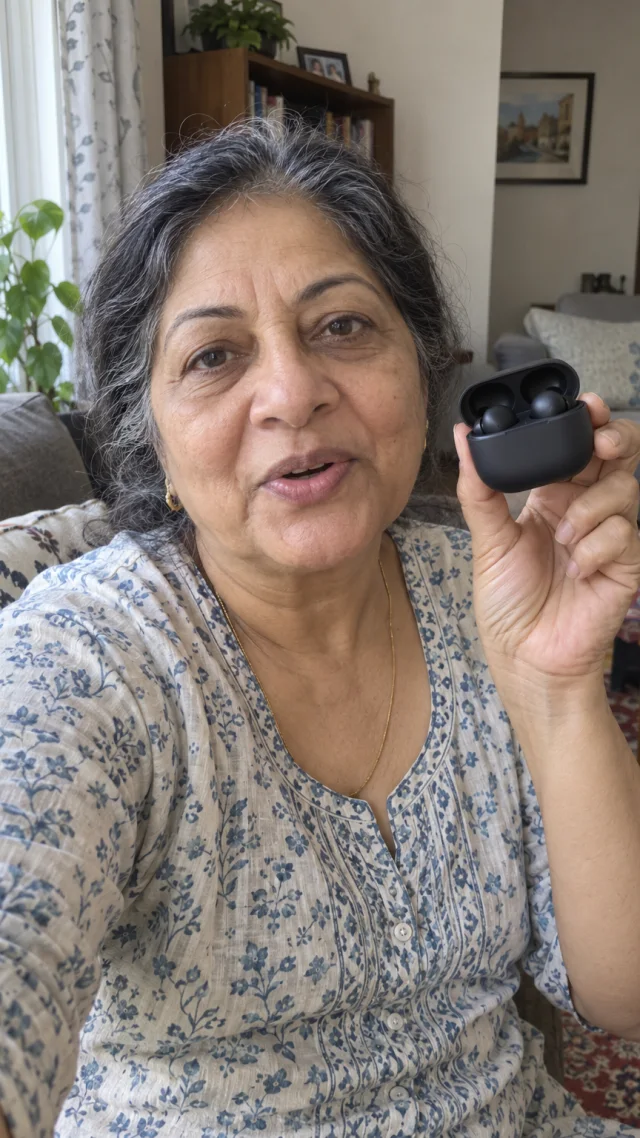 an adult South Asian woman in her early sixties in a living room setting speaks to camera while holding a plain small black wireless-earbud case with stemless round earbuds.
