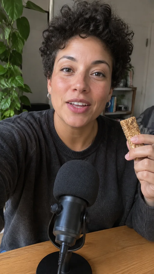 an adult mixed-race nonbinary creator around thirty in a podcast setting speaks to camera while holding a plain plain protein snack bar.