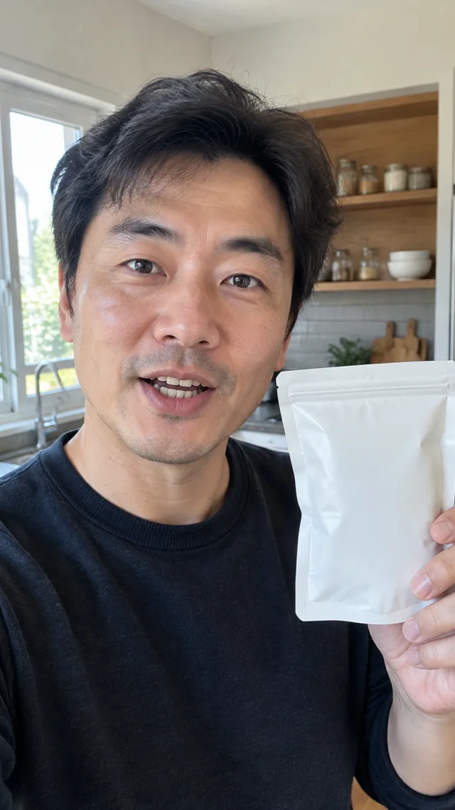 an adult East Asian man in his early forties in a kitchen setting speaks to camera while holding a plain plain drink-mix pouch.