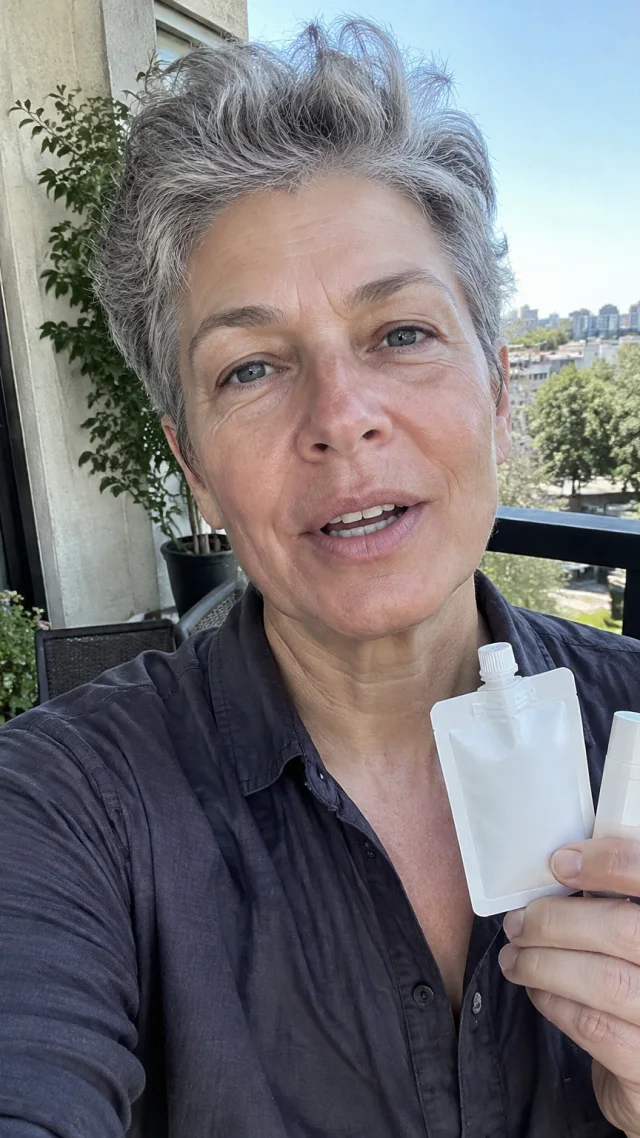 an adult white nonbinary creator in their early sixties in a balcony setting speaks to camera while holding a plain small sunscreen and lip balm pouch.