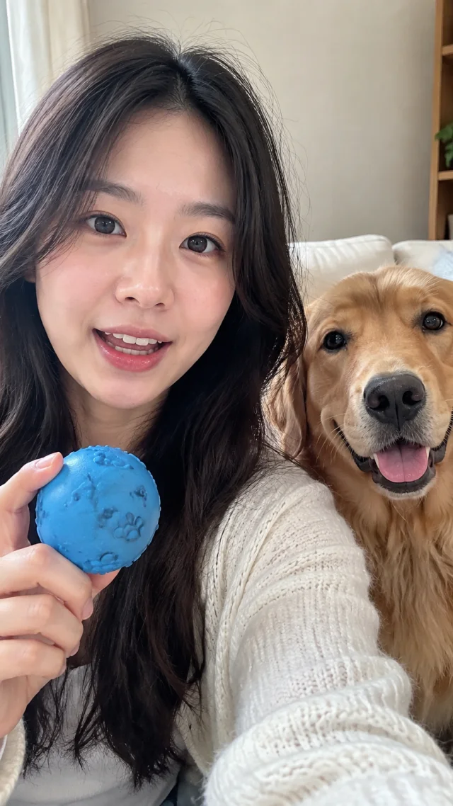 an adult East Asian woman in her late twenties in a pet setting speaks to camera while holding a plain plain rubber dog toy.
