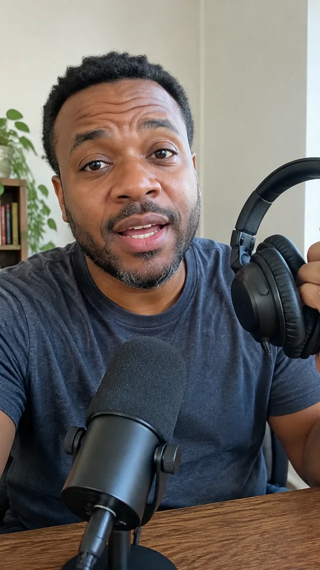 an adult Black man in his late thirties in a podcast setting speaks to camera while holding a plain plain over-ear headphones.