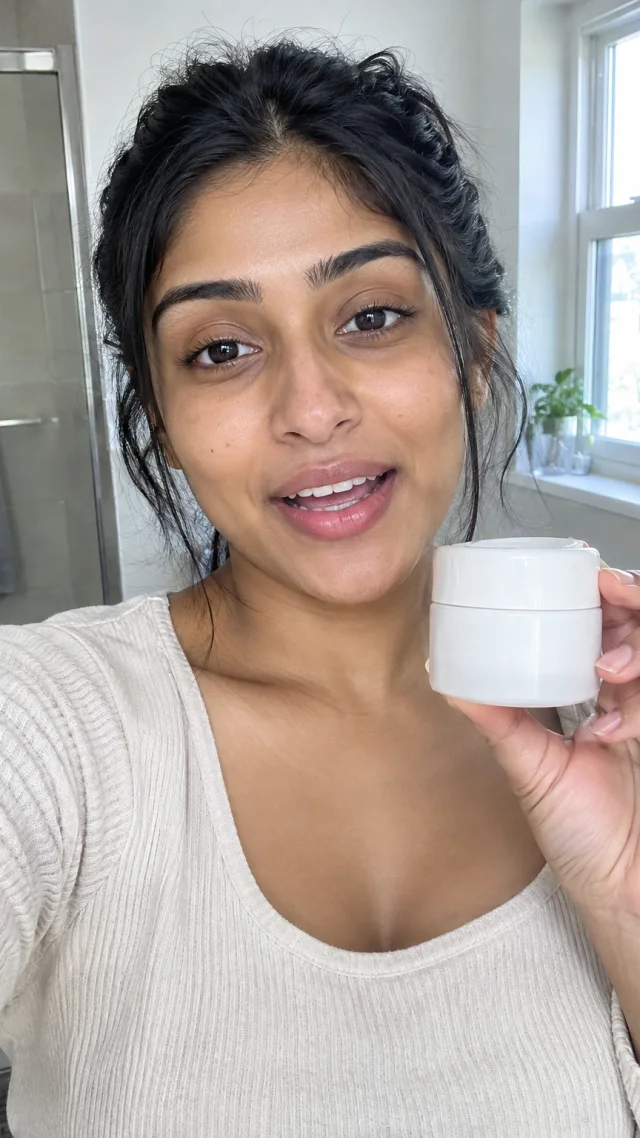 an adult South Asian woman in her late twenties in a bathroom setting speaks to camera while holding a plain plain moisturizer jar.