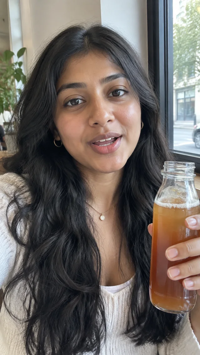an adult South Asian woman in her early twenties in a cafe setting speaks to camera while holding a plain clear bottle of unsweetened iced tea.
