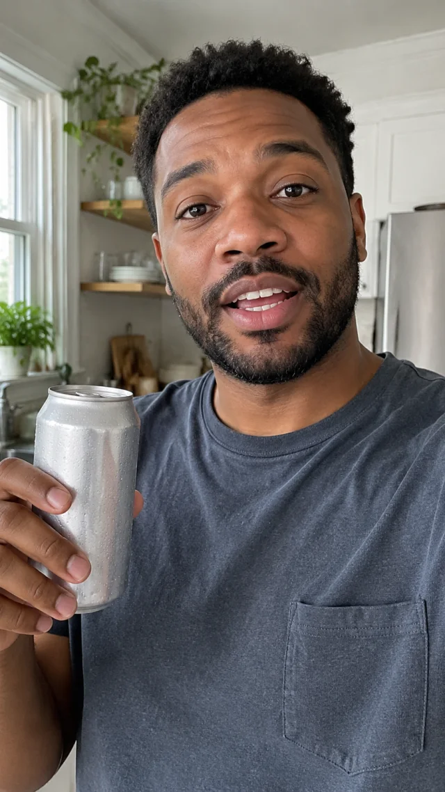 an adult Black man in his early thirties in a kitchen setting speaks to camera while holding a plain unbranded sparkling water can.