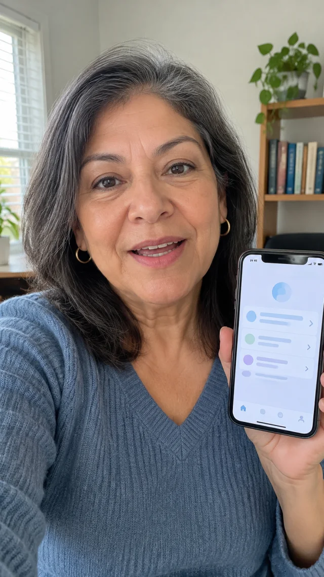 an adult Latina woman in her early sixties in a office setting speaks to camera while holding a plain smartphone showing a simple unbranded app screen.