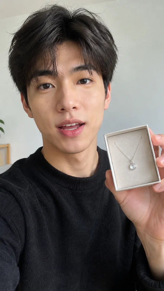 an adult East Asian man in his early twenties in a studio setting speaks to camera while holding a plain simple pendant necklace in a plain gift box.