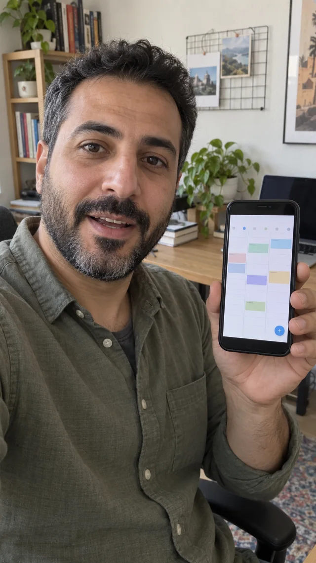 an adult Middle Eastern man in his early forties in a office setting speaks to camera while holding a plain smartphone showing a simple weekly planning app.