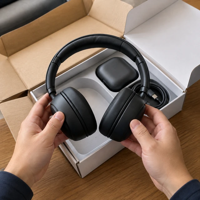 Gray over-ear headphones lifted from an open box, centered with the charging case nearby.
