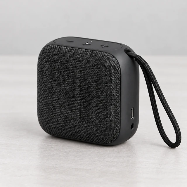 Rear view of the same compact rectangular black portable speaker showing its charging and audio ports.