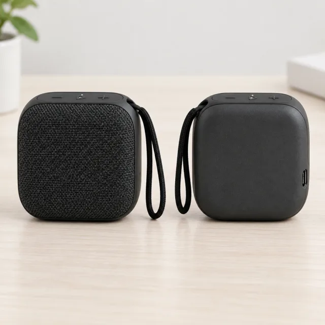 Square front and rear views of the same unbranded black woven portable speaker with a wrist lanyard and visible controls and USB-C port.