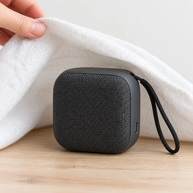 Black woven portable speaker with a wrist strap revealed beneath a white linen cloth on a pale wood table.