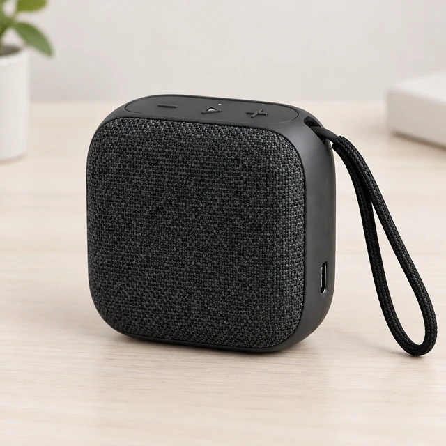 Unbranded black woven portable speaker showing its simple buttons, USB-C port and wrist strap on a pale tabletop.