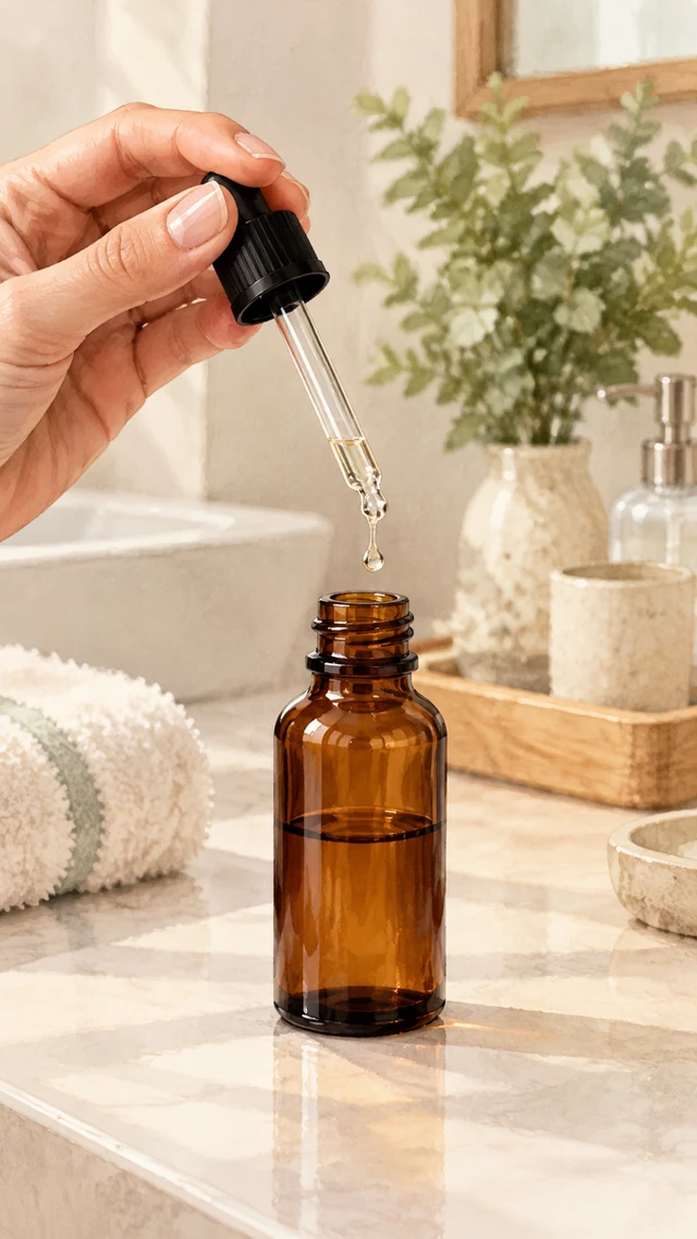 Amber serum bottle on a bathroom counter as a hand lifts the dropper.