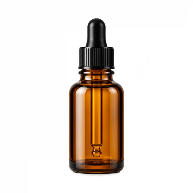 Amber glass serum bottle with a black dropper on a pure white background.