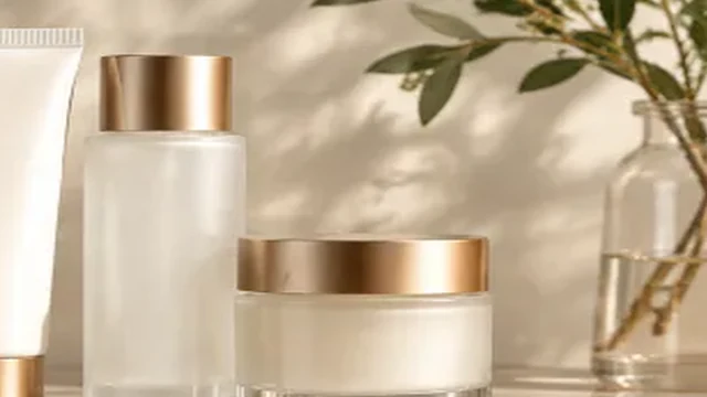 Skincare bottles and jars with part of the set cut off at the left edge.