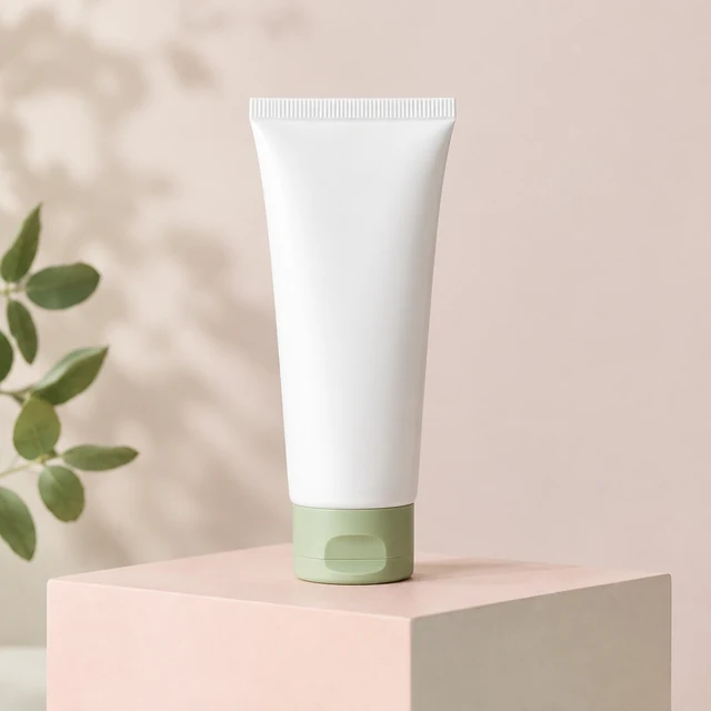 White hand-cream tube with a pale-green cap standing on a blush and cream studio block.