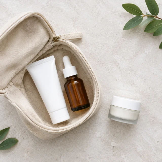 Open canvas pouch with a skincare tube, amber dropper bottle, and cream jar arranged on pale stone.