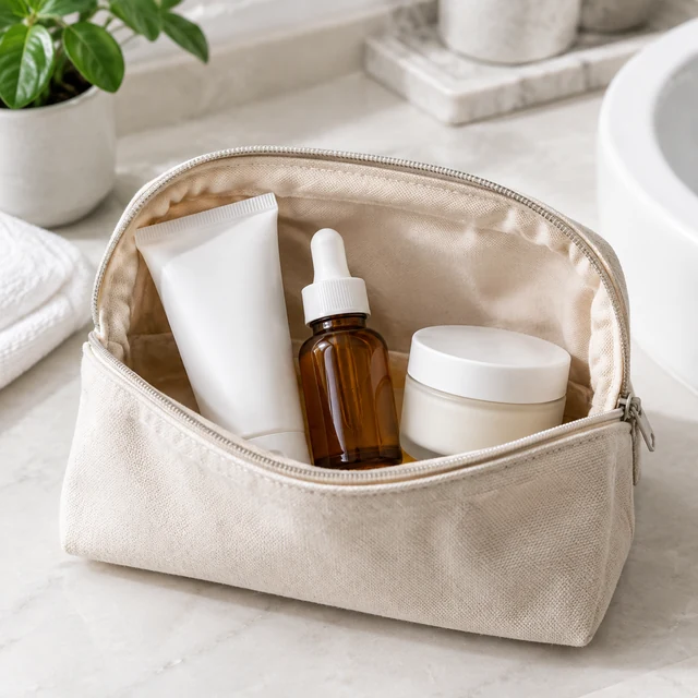 Skincare tube, amber dropper bottle, and cream jar arranged in an open travel pouch.