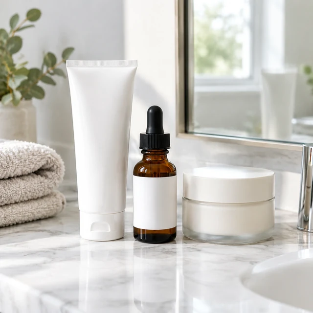 White tube, amber dropper bottle, and cream jar arranged on a bright bathroom vanity.