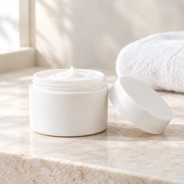 Unbranded open white cream jar on a light stone bathroom counter in soft daylight.