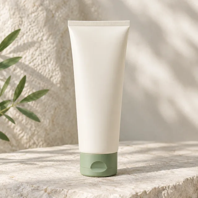 Unbranded matte ivory skincare tube with a sage cap on pale stone.