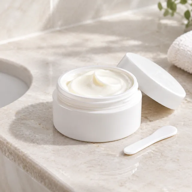 Open white face-cream jar with ivory cream and a spatula on pale stone.