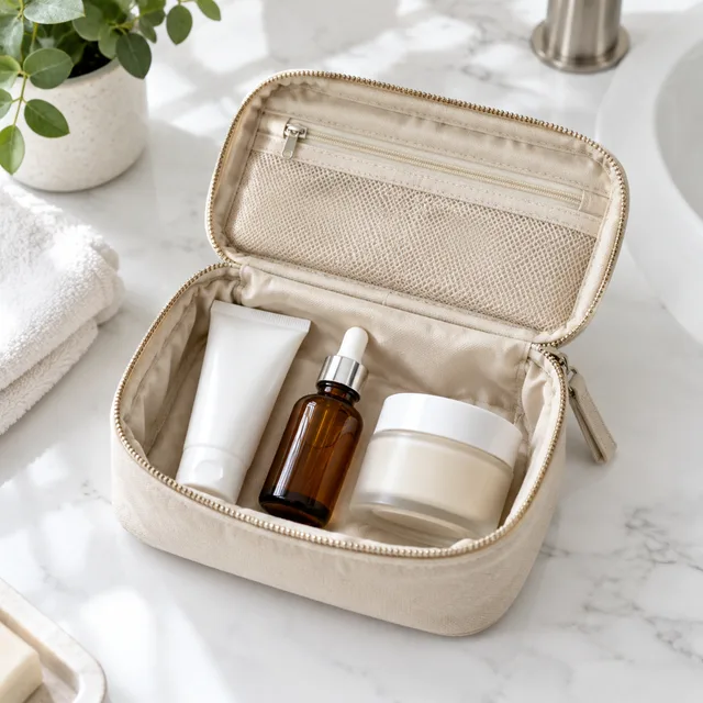 Open neutral toiletry pouch with a plain tube, amber serum bottle, and cream jar.