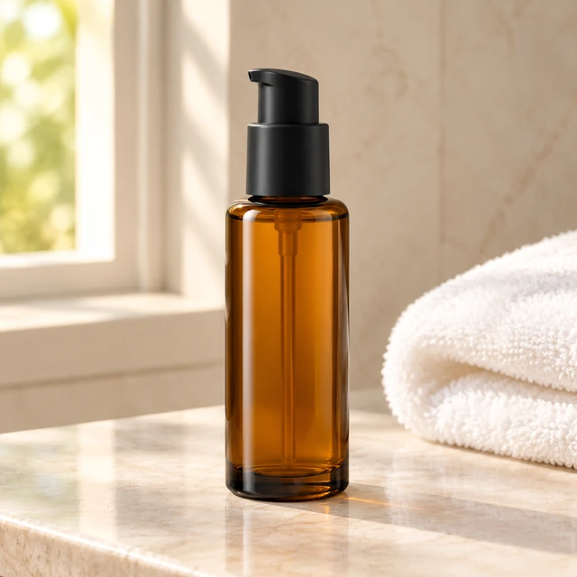 Unbranded amber skincare serum pump bottle on a light stone bathroom counter.