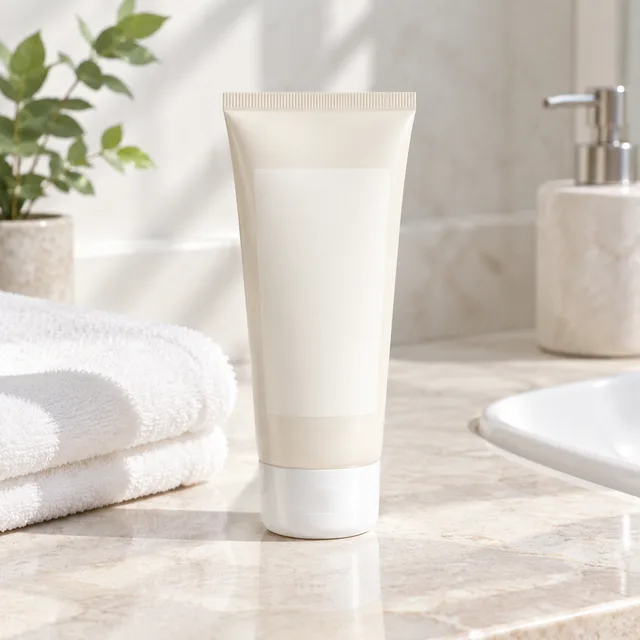 Unbranded matte sunscreen tube on a bright stone bathroom counter.