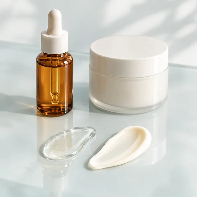 Clear serum and ivory cream swatches beside an amber dropper and cream jar.