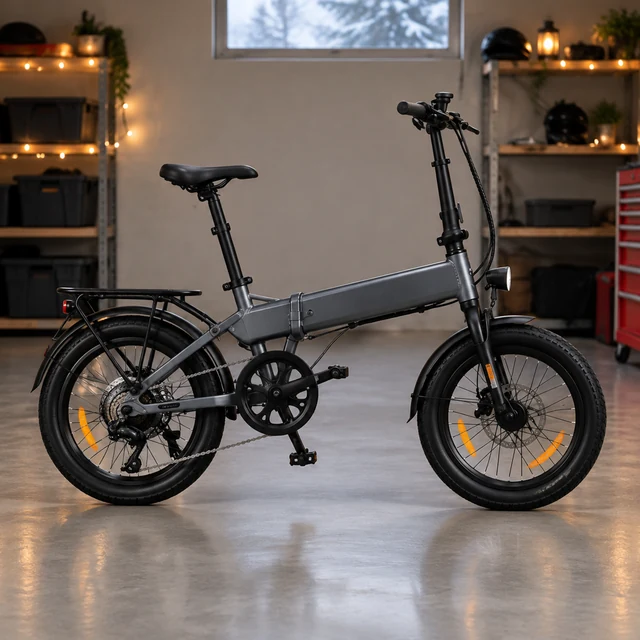 Black folding electric bicycle under warm garage lights in a square composition.