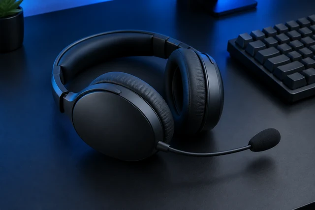 Matte-black over-ear headset with a slim boom microphone on a dark desk beside a keyboard under cool blue accent light.