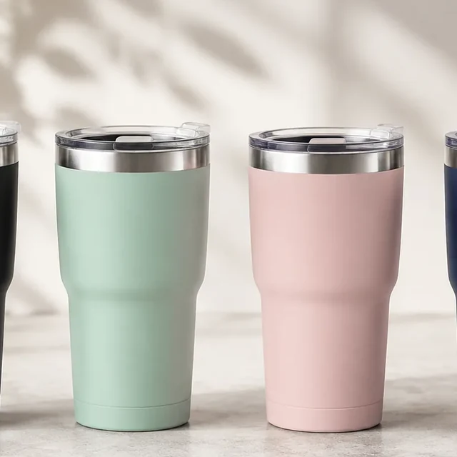 Square crop of insulated tumblers in several muted color options.
