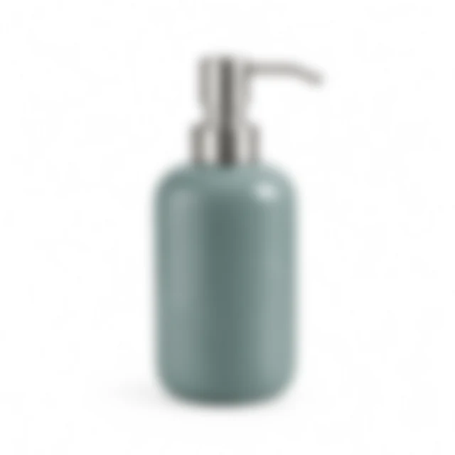 The same muted teal soap dispenser softened out of focus.