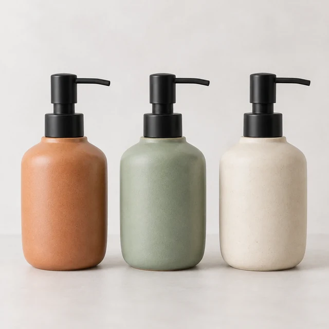 Three identical ceramic soap dispensers in terracotta, sage green, and cream.