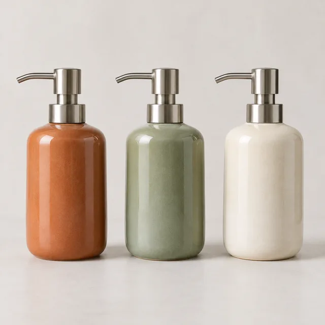 Three matching ceramic soap dispensers in terracotta, sage, and warm cream glazes.