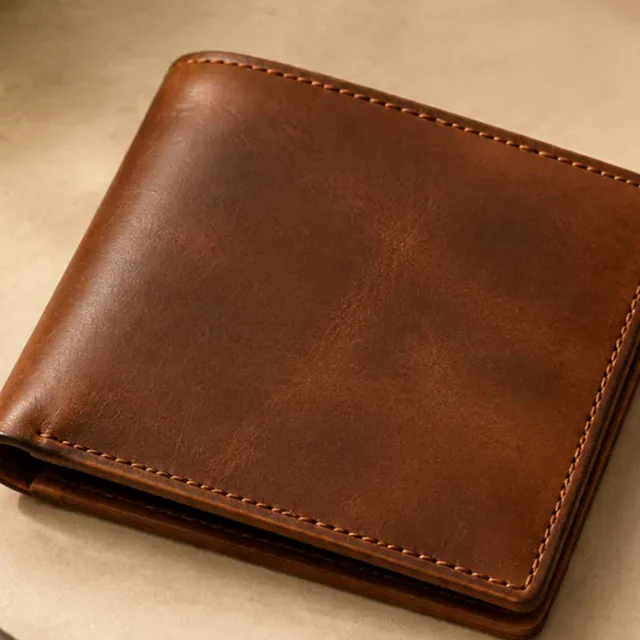 Square product photo of the same brown leather wallet, folded closed.
