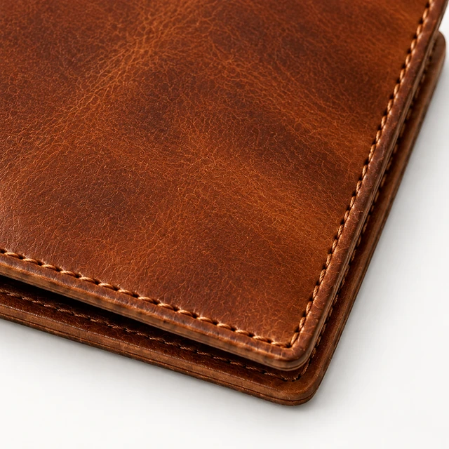 Close macro view of brown leather wallet stitching and grain.