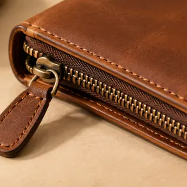 Square macro view of a brown leather wallet zipper and stitching.