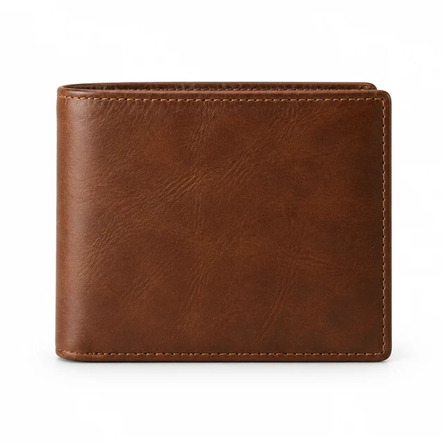Brown leather bifold wallet with visible edge stitching on a white background.
