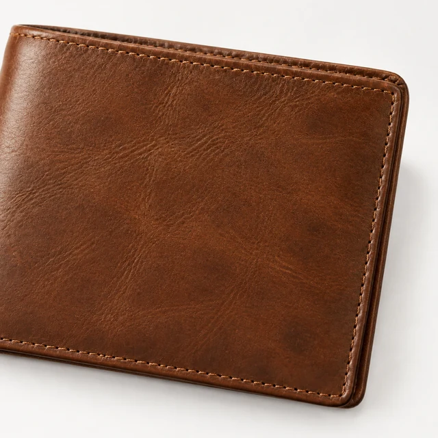 Square macro photo of unbranded brown leather wallet grain and edge stitching on a pale neutral background.