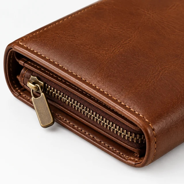 Square macro photo of an unbranded brown leather wallet zipper and brass pull on a pale neutral background.