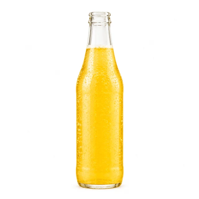 Clear glass bottle of golden citrus sparkling drink on pure white.