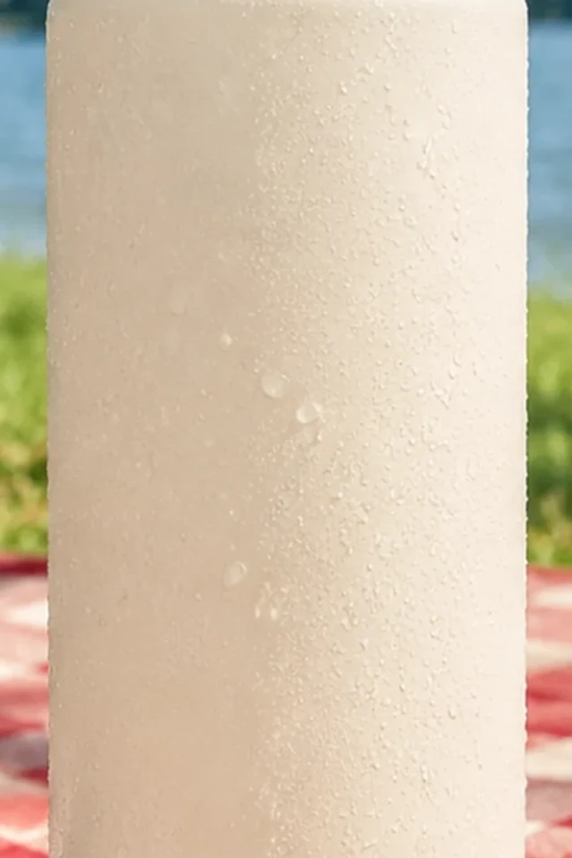 Blank cream iced coffee can enlarged until its rim and base are cut off by the frame.