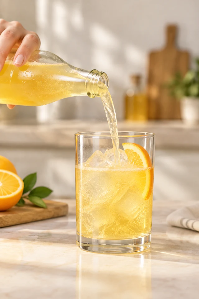 Golden citrus drink pours from a clear bottle into an ice-filled tumbler.