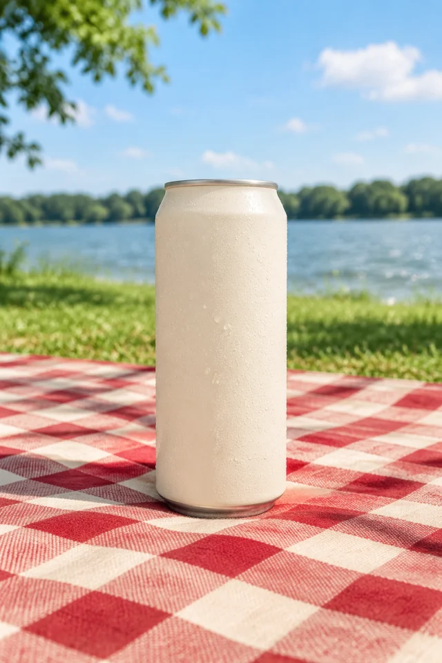 Blank cream iced coffee can centered on a red-and-cream picnic blanket in summer daylight.