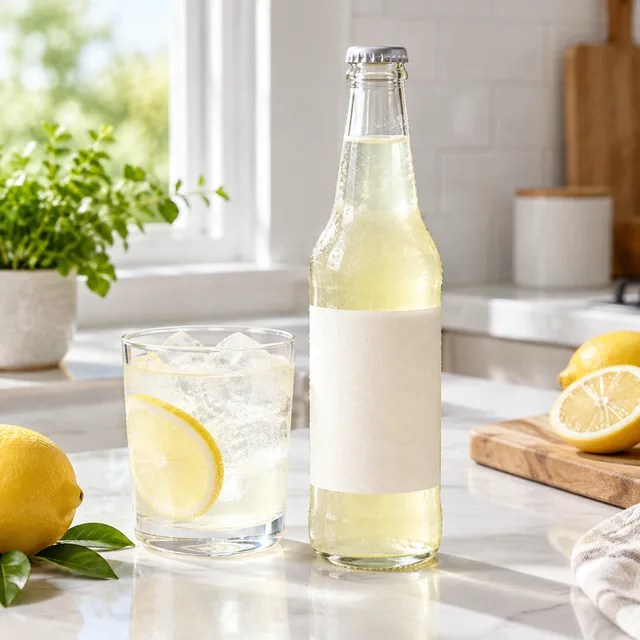 Blank-label citrus soda bottle beside a glass with ice and lemon.