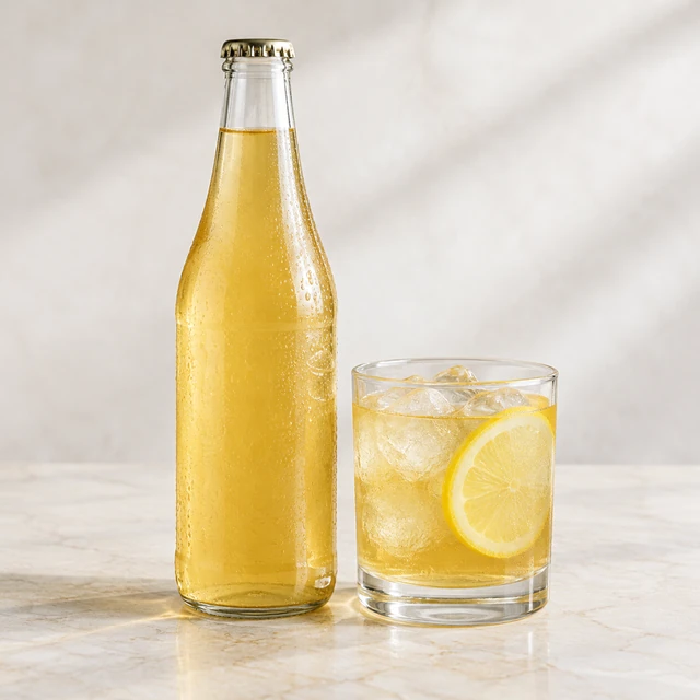Unbranded clear glass bottle of citrus iced tea beside a glass with ice and lemon.