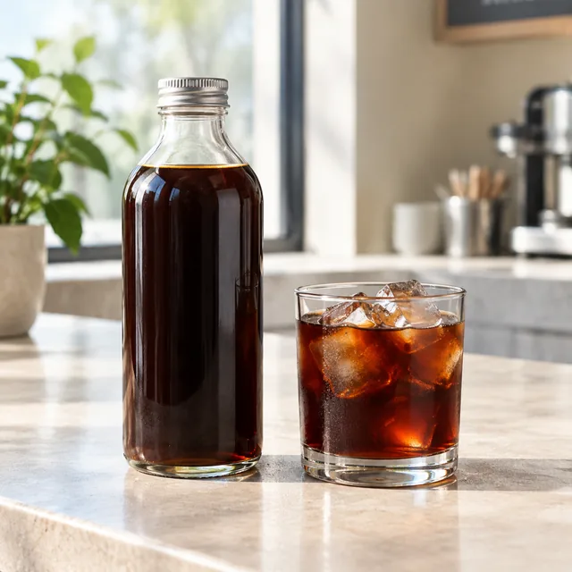 Glass bottle of dark cold brew beside an iced glass on a bright kitchen counter.